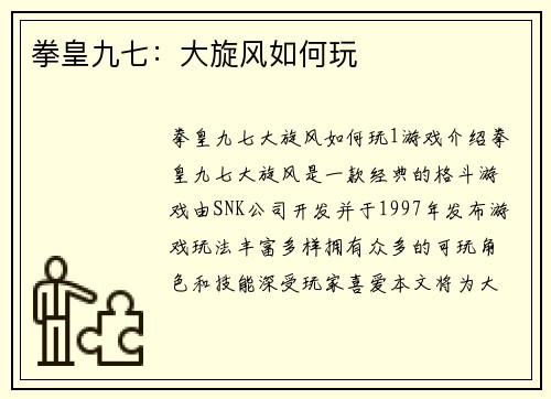 拳皇九七：大旋风如何玩